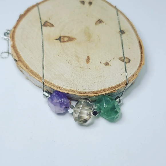 Faceted Amethyst, Smokey Quartz and Prehnite Stainless Steel chain necklace - Picture 2 of 4